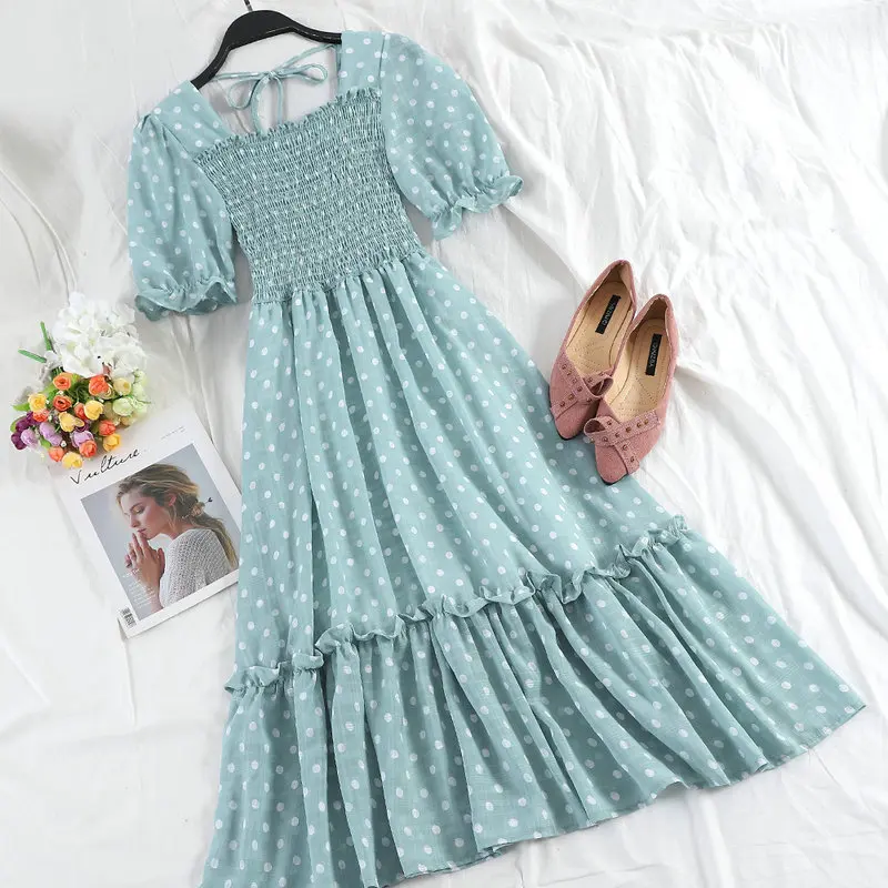 Women Dress Женское летнее Бандажное шифоновое платье в горошек с оборками, Повседневное платье с коротким Расклешенным рукавом, эластичное приталенное плиссированное платье-пуловер с высокой талией - Цвет: Women Dress