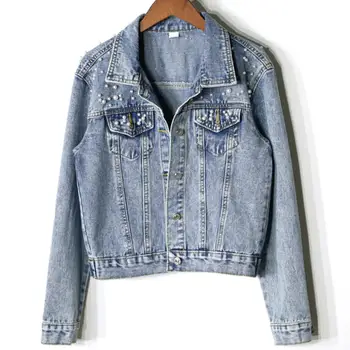 

plus size 5XL! Spring Autumn Women Basic Jacket Short Denim Jacket Pearls Beading Jeans Coat Loose Long Sleeve Jackets