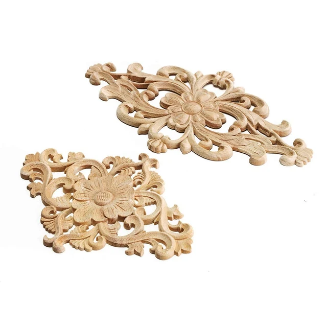 Modern Flower Pattern Wood Carved Unpainted Oak Round Modern Flower Pattern Wood Carved Unpainted Oak Round Onlay Lique Plaques Furniture Home Decoration