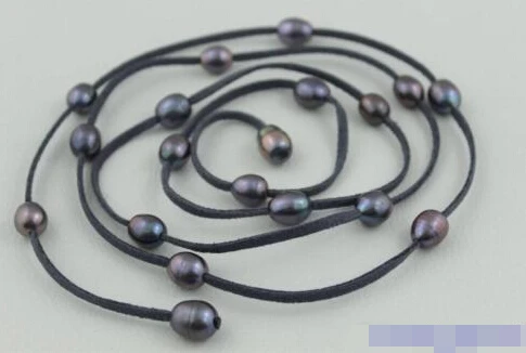 

0002738 Leather long necklace Black Freshwater pearl 48INCH 10x12mm