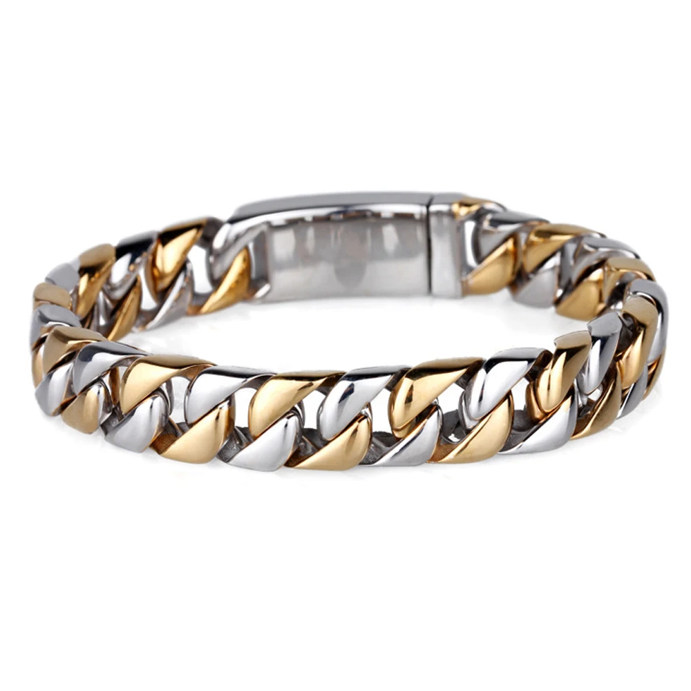 12 мм панк позолоченный браслет байкера Мужчины из нержавеющей стали кубинская цепочка для бордюра мужские браслеты на запястья 18-22 см