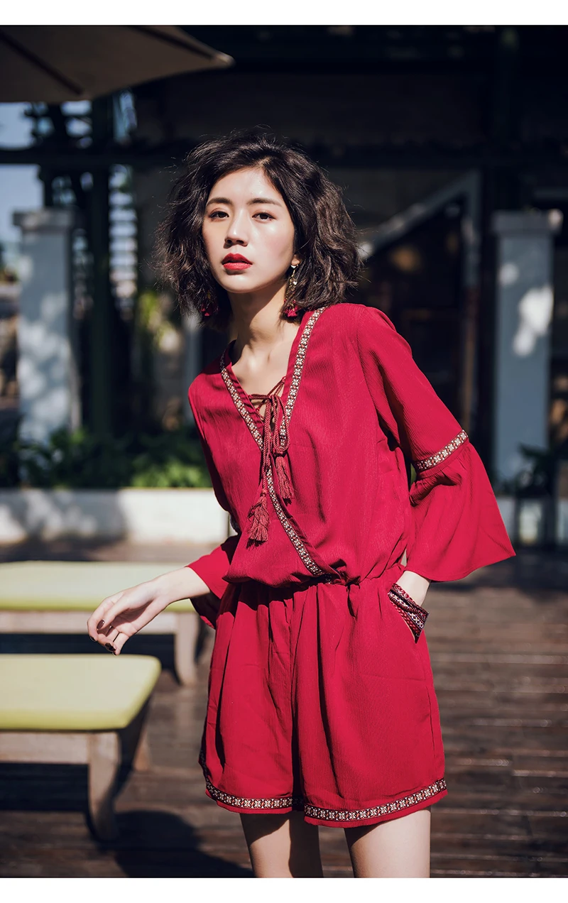 Красный Для женщин Boho Гавайи Playsuit Лето 2019 модные, пикантные V шеи печати дамы широкие шорты комбинезон шифоновый комбинезон Femme