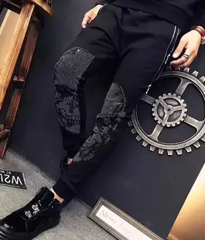 

spring hot drilling skull brand men's casual pants men's dark thin feet design