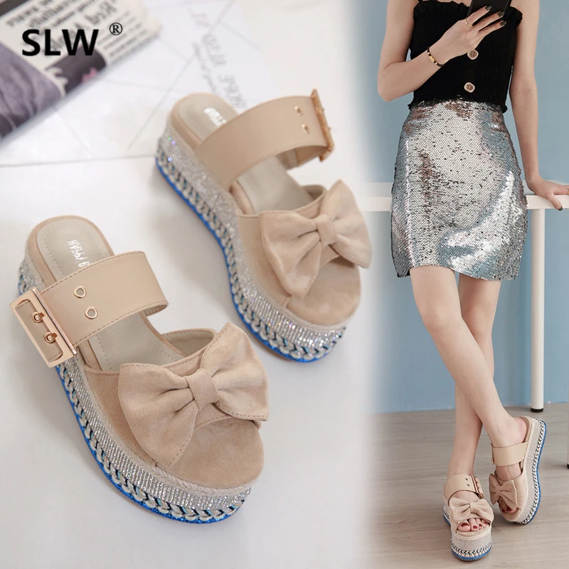 

Slippers Platform Med Shoes Without Heel Flock Butterfly-knot Ladies Flip Flops Designer Slides Shose Women On A Wedge Flat