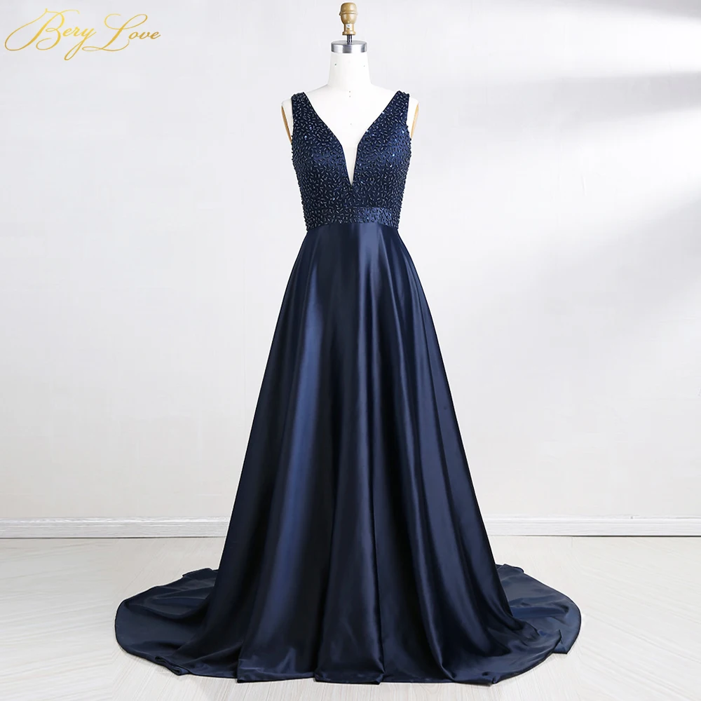 navy a line prom dress