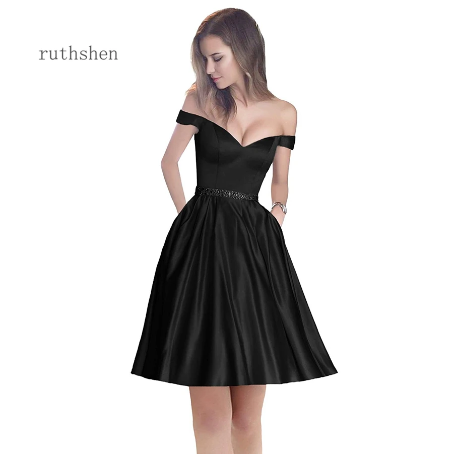 off the shoulder beaded satin evening prom dress with pocket