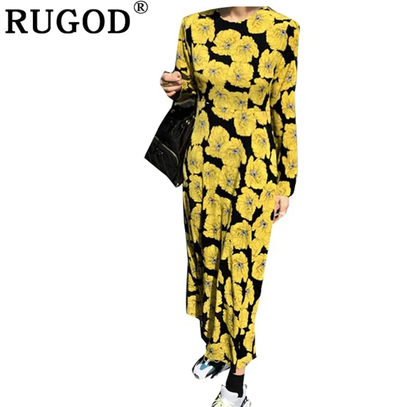 RUGOD 2019 винтажное женское платье с принтом и круглым вырезом прямое макси модное