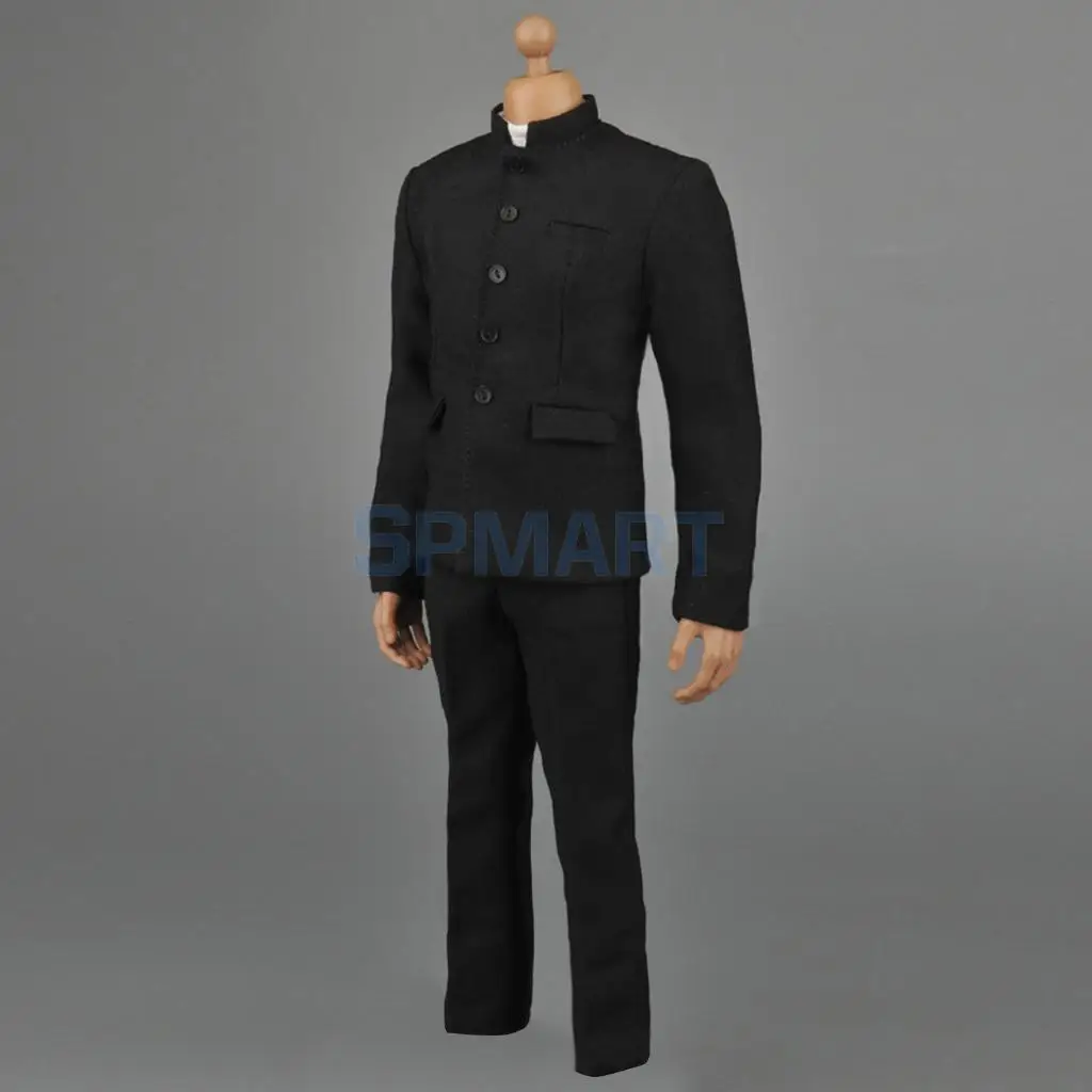 1/6 Scale Black Chinese Tunic Suit Coat Pants Shirt & Belt Set for 12