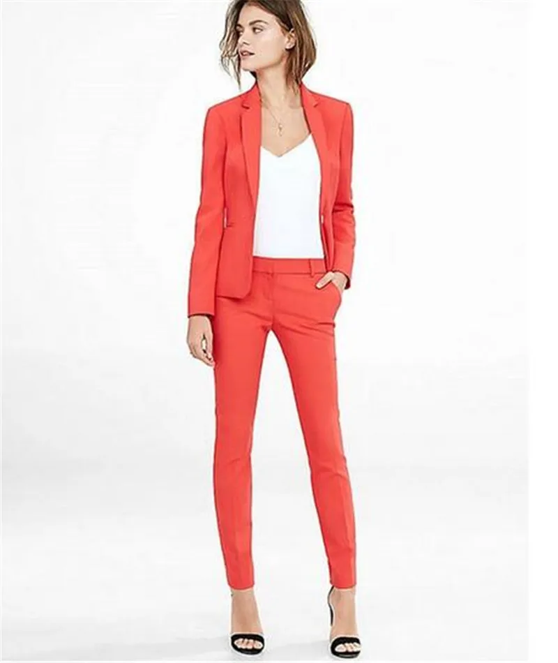 Notch Lapel Women Pantsuits Tuxedo 2 Piece Set Coral Red Women Business