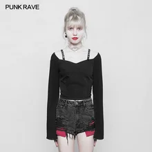 Панк рейв Готическая мода молния украшения Женская футболка Повседневная Хлопковая женская сексуальная короткая футболка Топы с открытыми плечами панковская футболка