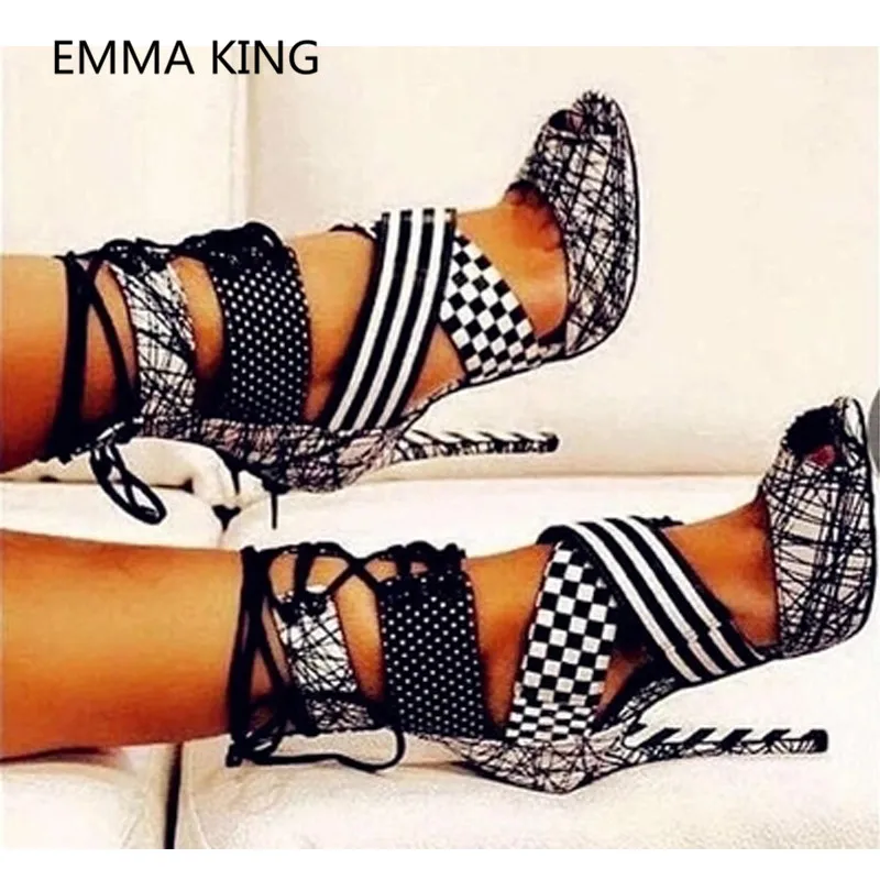 

Fashion Mixed Color Women Gladiator Sandals Peep Toe Party High Heels Shoes Woman Cross-Tied Summer Pumps Ladies Roman Sandals