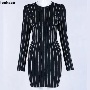 

New elegant autumn black dress women bandage dress black striped celebrity evening club party bodycon dresses vestido