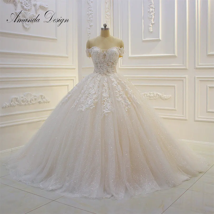 

Amanda Design abiti da sposa Off Shoulder Short Sleeve Lace Appliqued Sequins Wedding Dress