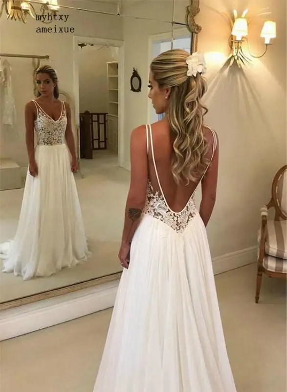 

Sexy Backless Boho A Line Deep V Neck See Through Top Lace Summer Beach Bridal Gown Plus Size Simple Wedding Dress 2023