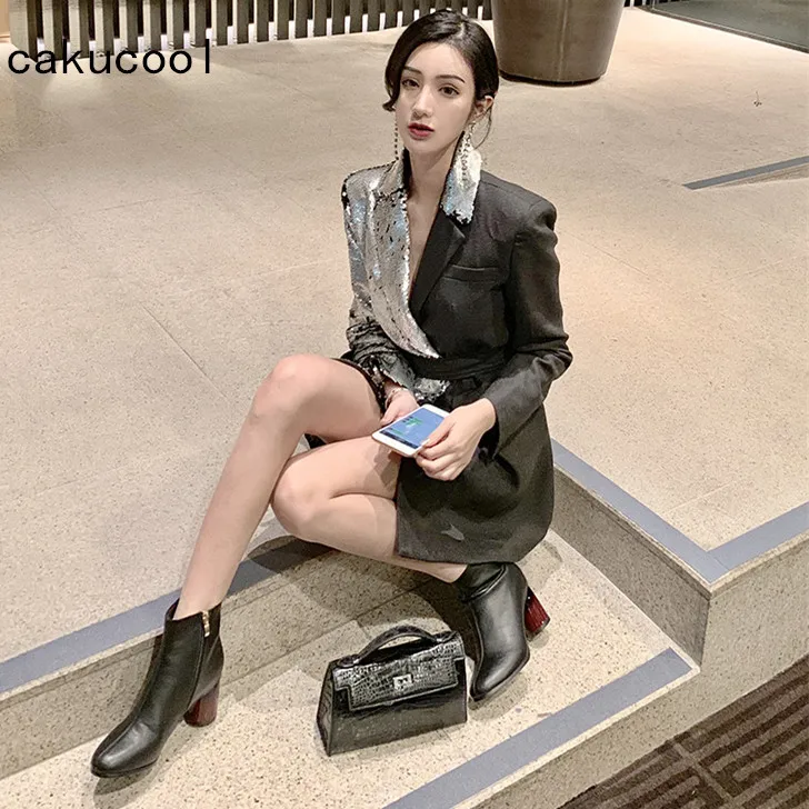 

Cakucool New Spring Sequin Jacket Women Turn-down Collar Formal Office Jackets Outwear Slim Sexy Shiny Belt Blazer Jaqueta Femme