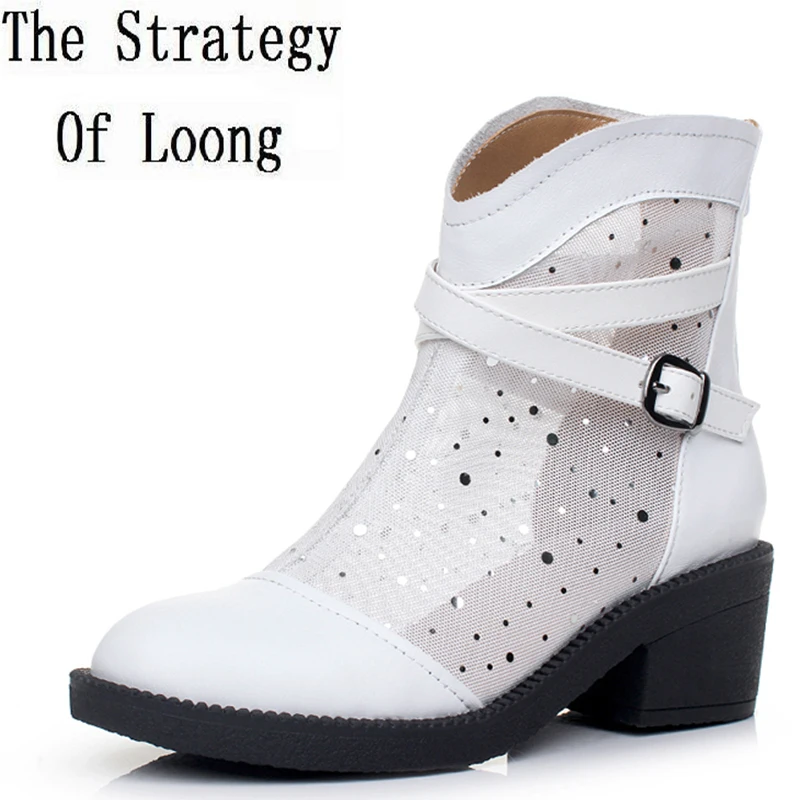 

Genuine Leather Low Heel Grenadine Cut Out Summer Women Sandals Boots Lady Gauze Buckle Pearl Ankle Boots Plus Size 34-43 SXQ525