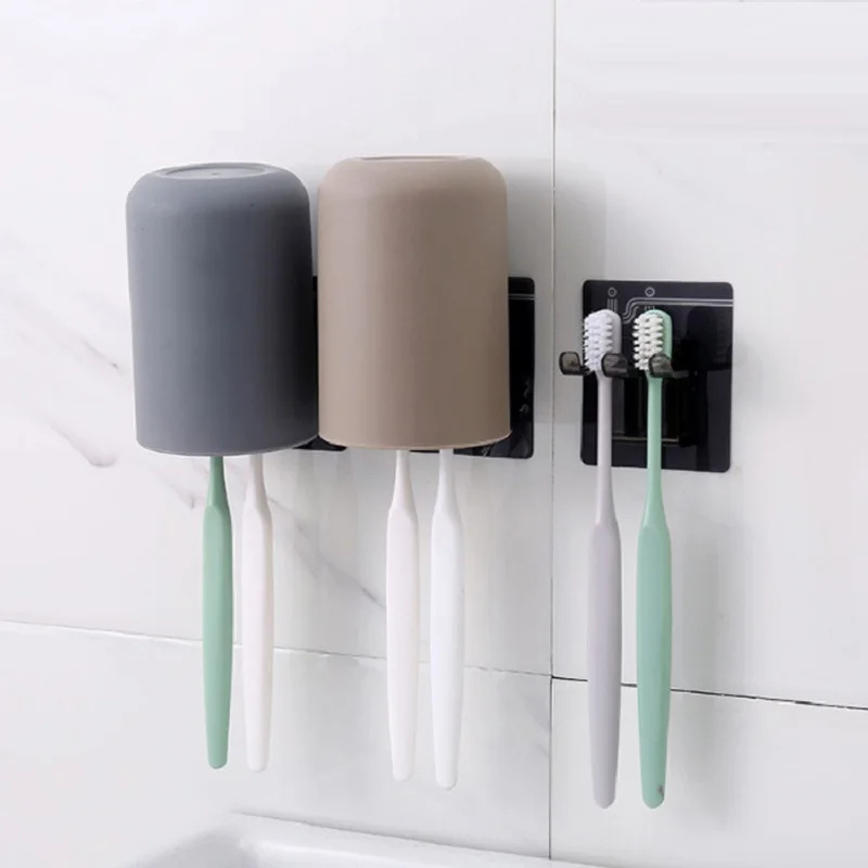 

2 in 1 Wall Mounted Type Toothbrush Cup Holder Lovers Gargle Cup Set Plastic Storage Rack for Bathroom Toothbrush Holder Suits