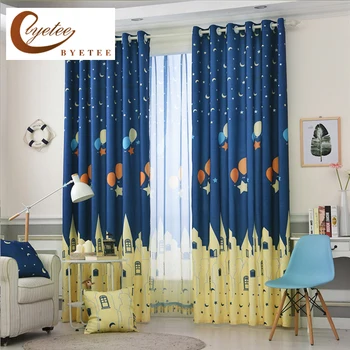 

{byetee} Blue Printed Cartoon Bedroom Window Curtains Fabrics Drapes for Children Cortinas Infantiles Boy Kids Bay Curtains