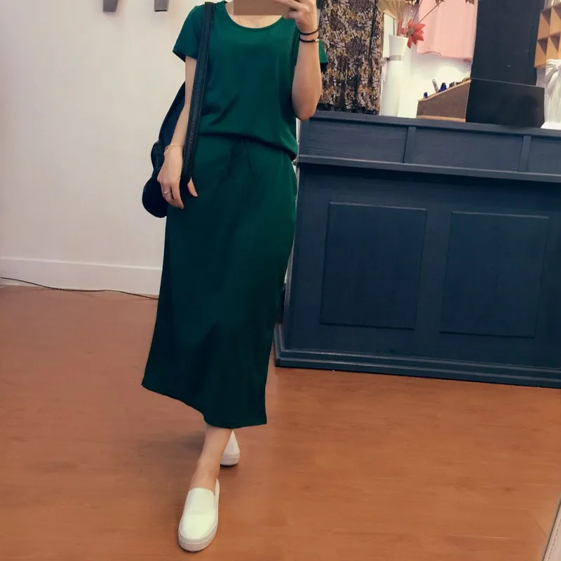 

Mferlier Women Solid Simple Summer Dress O Neck Short Sleeve Drawstring Waist Basic Commute Blue Gray Ladies Dresses