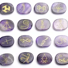 16 pezzi Chakra naturale ametista cristallo inciso Reiki KARUNA simboli magici guarigione pietre di palma Set con una custodia gratuita