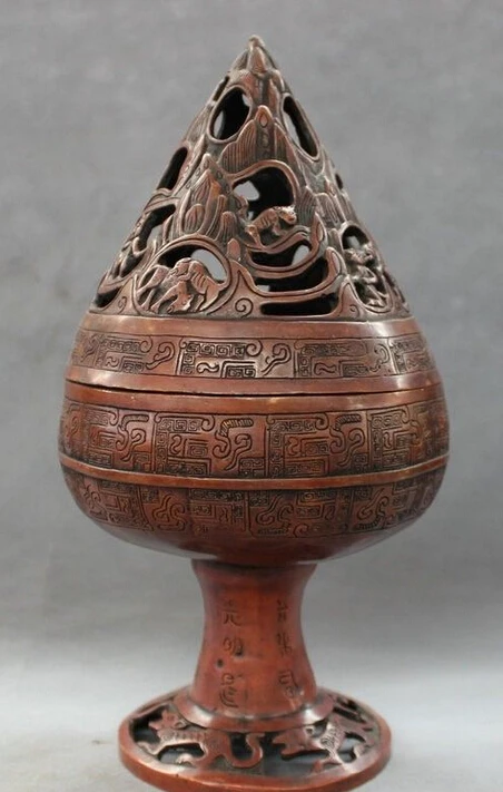 

14" Tibet Bronze Buddhism Animals Old HanZi Statue Up Incense Burner Censer