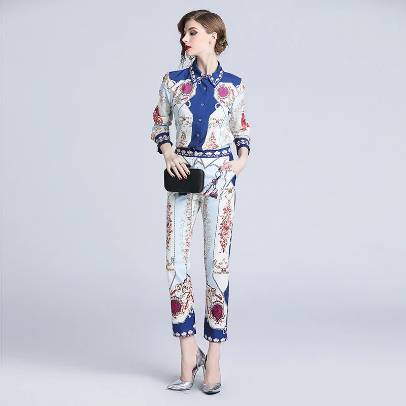 BLLOCUE, высокое качество, новая мода, Осенний подиумный костюм, комплект, Женский комплект 2 шт., винтажный принт, рубашка с длинным рукавом, блузка+ карандаш