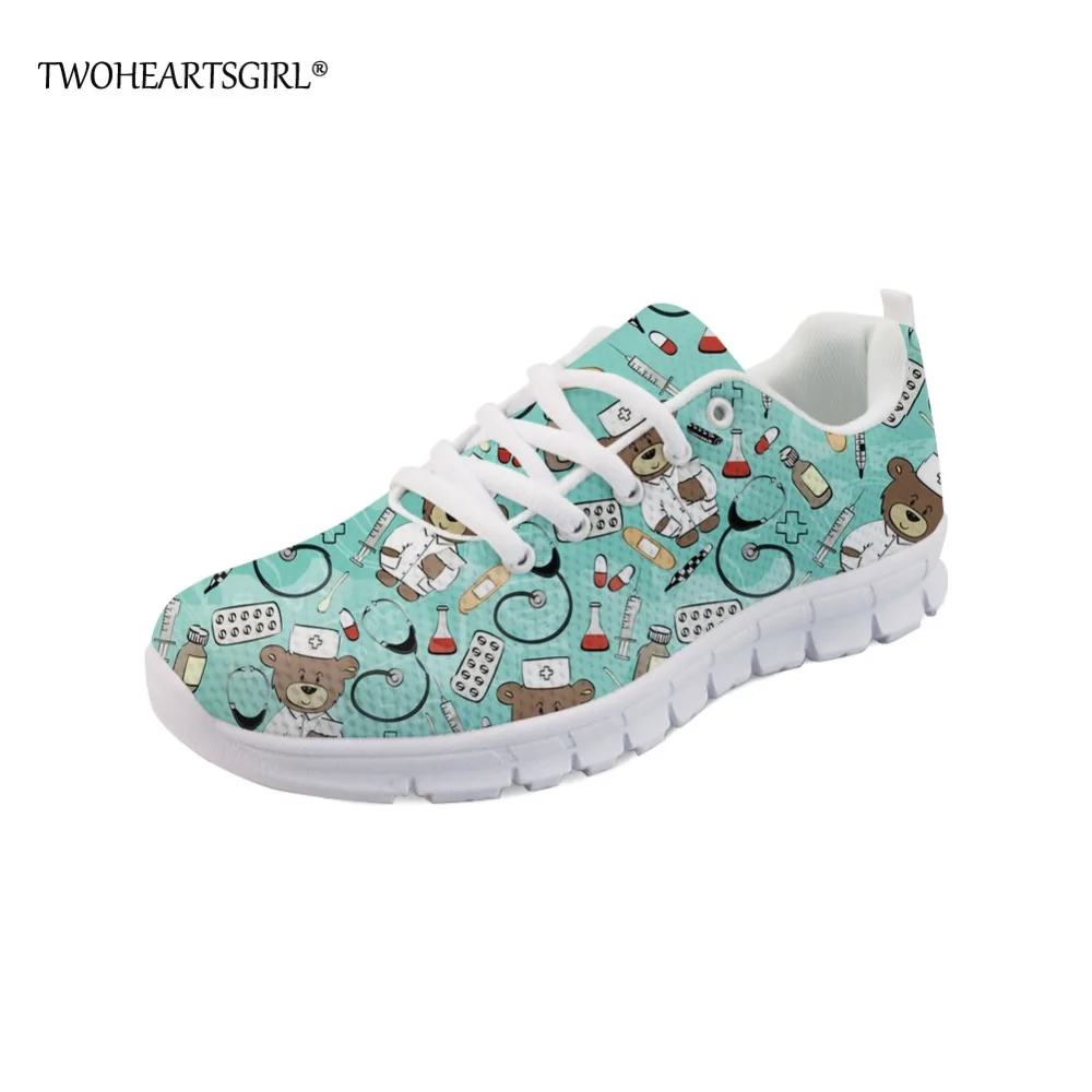 

Twoheartsgirl Pink Women Sneakers Cute Spring Summer Nurse Shoes 3D Lace Up Nurse Printed Comfortable Mesh Shoes for Women Flats