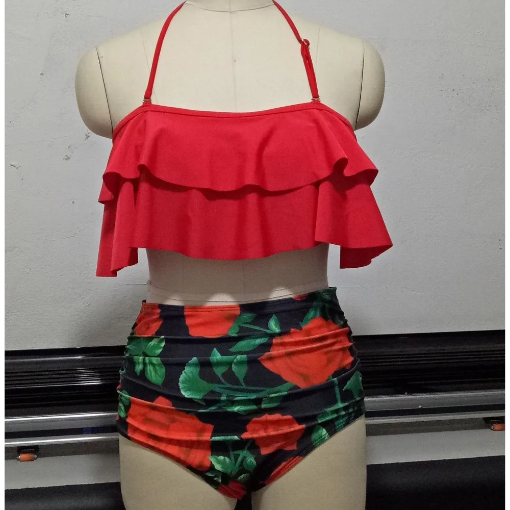 

Bikini 2018 Two piece Swimwear Women Ruffle Tankini Sexy Swimsuits High Waist Bikini Set Plus Size Halter Beach Bathing Suit 4XL