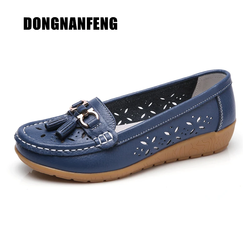 

DONGNANFENG Women Casual Mother Ladies Female Flats Shoes Hollow 2018 Loafers Cow Genuine Leather Summer Pigskin 35-41 JTS-5989