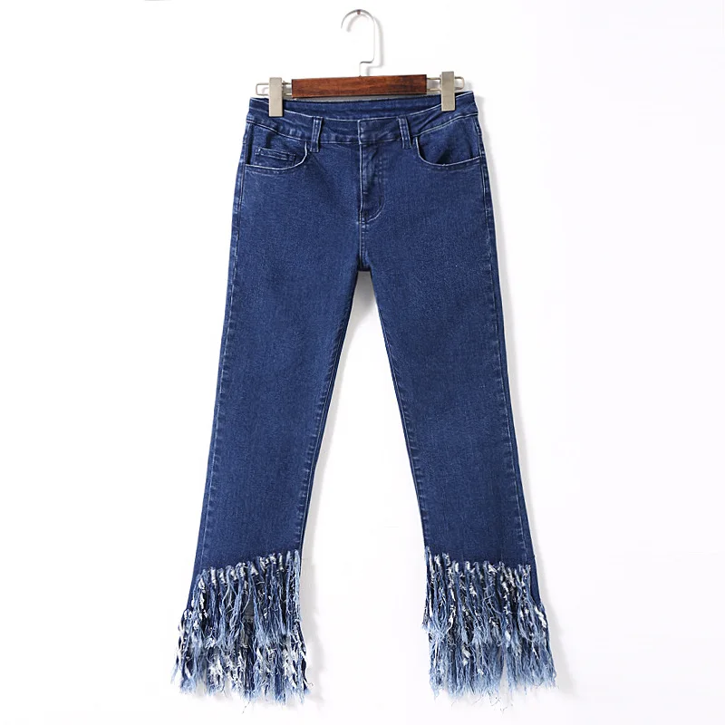 Brand fashion women's high end Slim wild speaker tassels nine jeansin