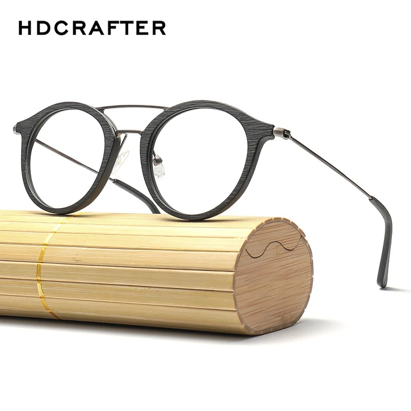 

HDCRAFTER Round Eyeglasses Frames Wood Grain Optical Prescription Glasses Frame Transparent Lens Men Women Reading Glasses