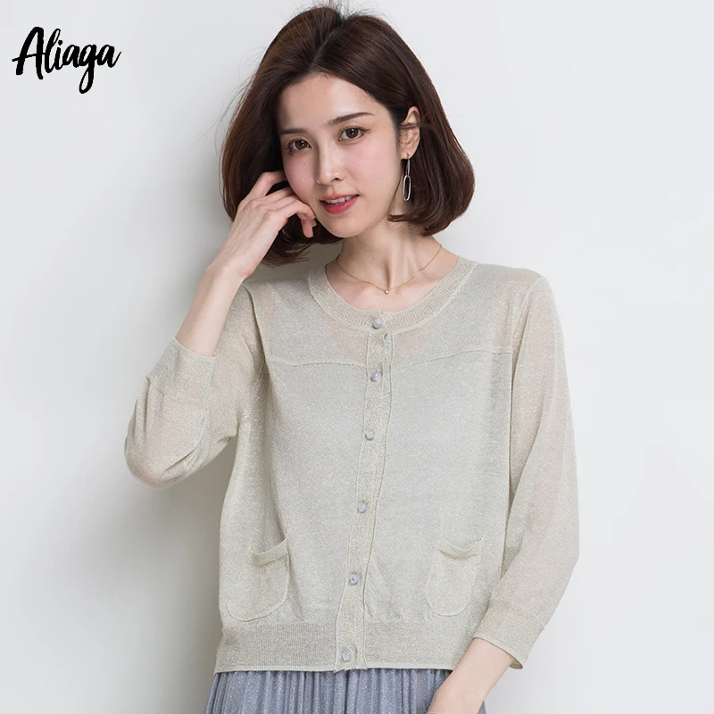 

2019 Spring Summer New Sweaters Women's Round Neck Cardigan Plus Size Gold Lurex Blouse Thin Sweater Women's Jacket With Pocket