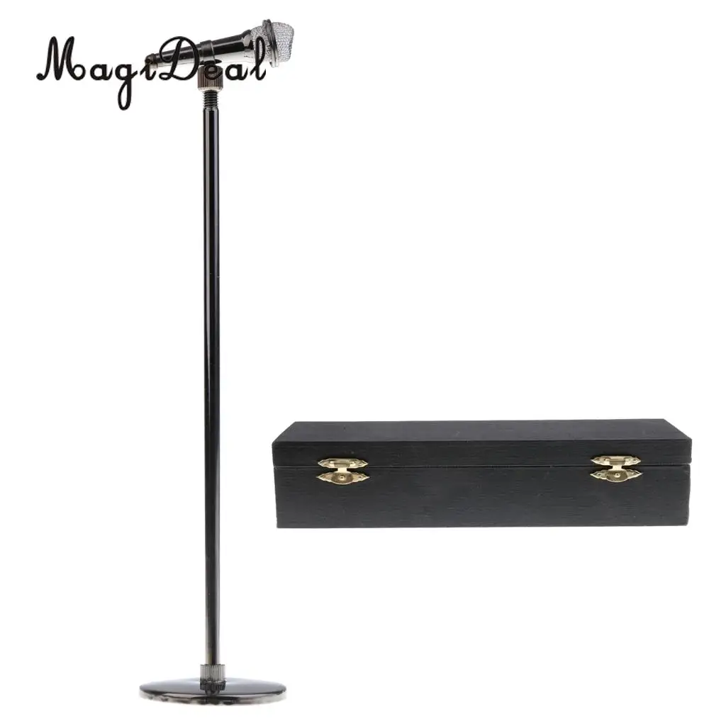 1/6 Scale Miniature Copper Adjustable Height Microphone Model with Stand and Box for Dolls Accessory Children Kids Toy