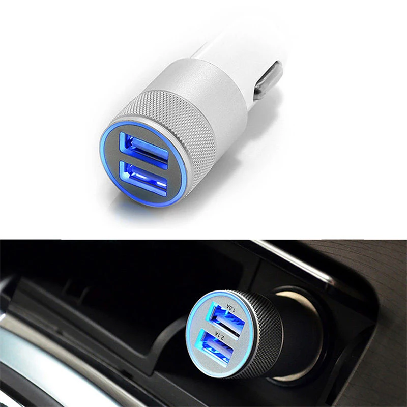 

Universal Double USB Auto Car Charger Charging Metal Flat Mobile Phone Universal Charging 2.1V Small Steel Cannon Car Charger