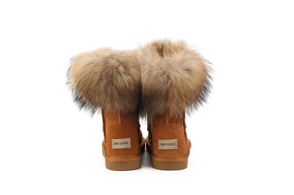 MBR FORCE Fashion Women's Natural Real fox Fur Snow Boots Genuine Cow Leather women Boots Female Warm Winter Boots Shoes