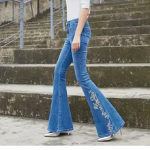 Новые модные длинные джинсы брюки для женщин расклешенные брюки плюс размер 25-30 Вышивка джинсовые осенние стрейч джинсы