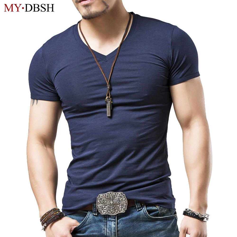 

British Style Cotton Mens T-shirts Classical 2019 Short Sleeve V-neck Solid T shirt Casual Fitness Men T shirts Big Size S-5XL