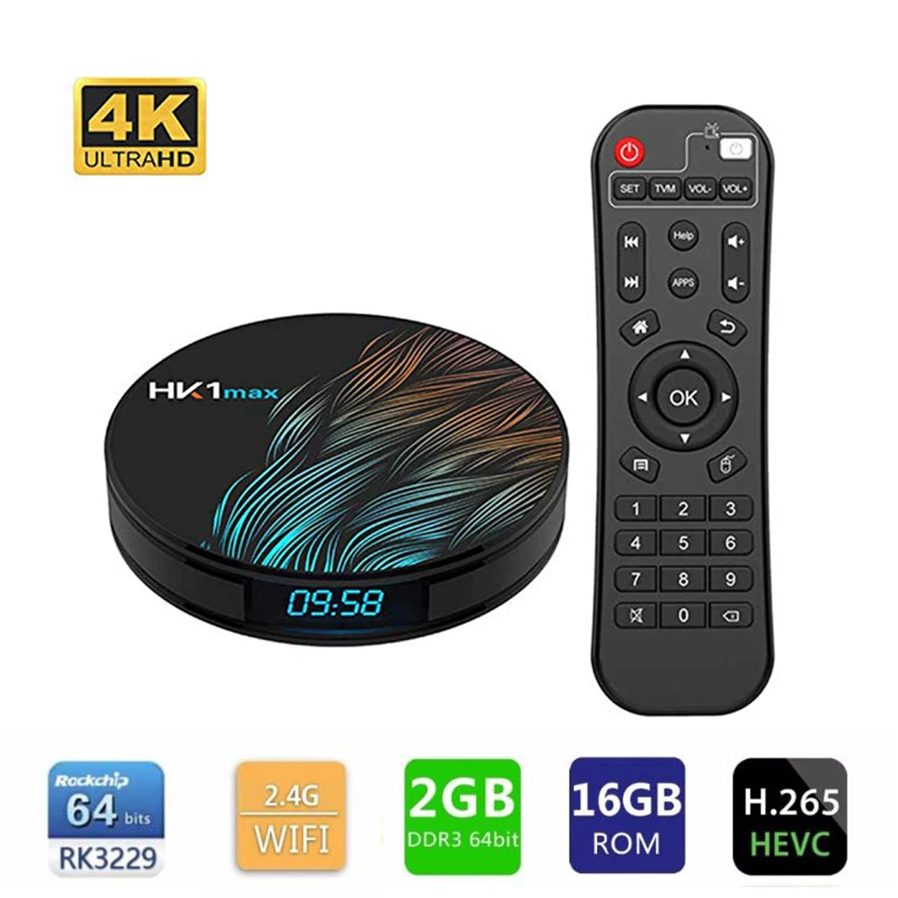 

HK1 Max Smart TV Box Android 9.0 RK3328 Quad-Core 2GB 16GB 4K Ultra HD Support HDMI/H.265/2.4G WiFi Streaming Media Player