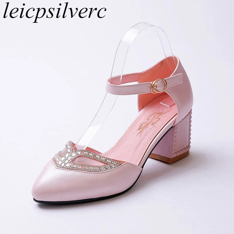

Women's Sandals 2018 New Sexy Fashion Spring Summer High Heels Pu Crystal Buckle Square Heel Pointed Toe Casual Shoes Pink White