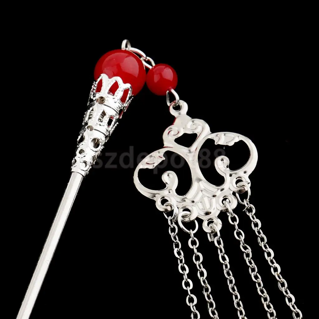 Solid Metal Tasel with Beads Stick Pin Hanfu Dress Ancient Chinese Cosplay Drama Girls Cute Hair Pin