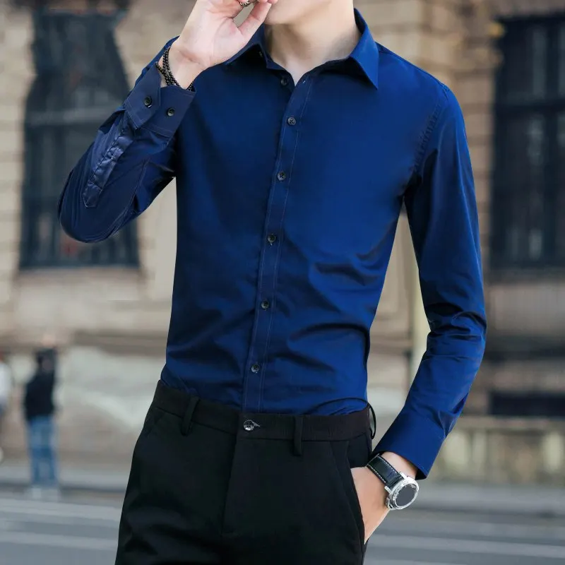 MFERLIER solid color men formal office shirt long sleeve larger size ...