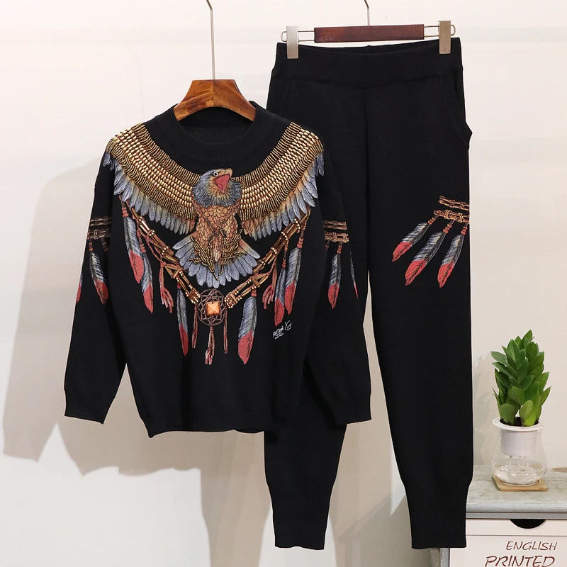 2018 nuevo Otoño Invierno moda de dos piezas conjuntos águila impresión cuentas suéter tejido + Pantalones casuales dos conjunto de piezas|Conjuntos mujer| -
