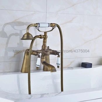 Deck Mounted Antique Brass Clawfoot Bathtub Faucet telephone style Bath Shower Water Mixer tap with Handshower Nan013 bathtub faucet dual handle handheld bath shower mixer tap with hand shower deck mounted swivel spout tub sink mixer faucet