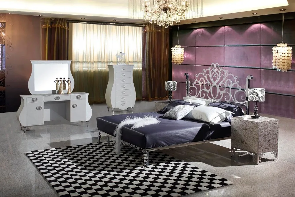 modern stainless steel bed / soft bed/double bed king size bedroom bed+ 2 night stands+ dress table+ mirror+ 7-drawers cabinet