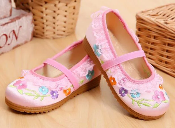 Обувь для девочек Мэри Джейн небольшой Цветочная вышивка кружево Китайская традиционная обувь принцессы в винтажном стиле обувь для танцев без каблука обувь для детей - Цвет: pink