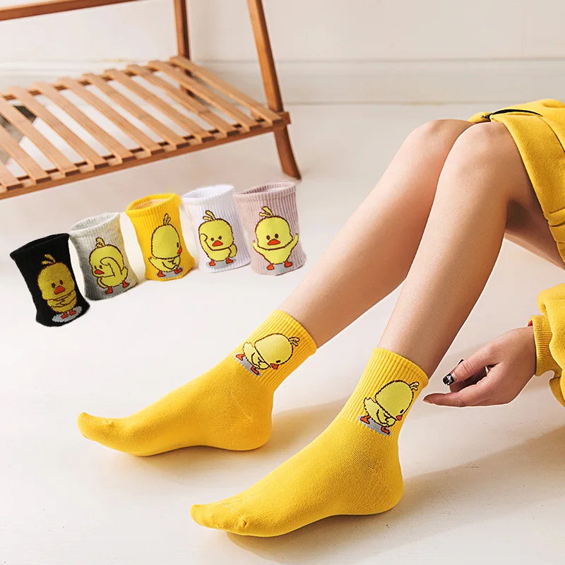 

3Pairs/Lot women socks funny Cartoon skarpetki meias corap korean yellow duck Cotton kawaii Spring Soft Ins cute sokken tube