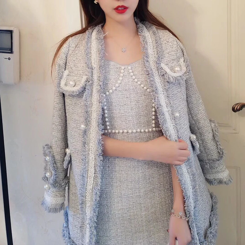 

Autumn Winter Women Runway Tweed Jacket Tassels Fringed Twill Office Lady Spliced Coat + sling tube top pearl skirt two-piece