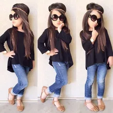 2017 Mode Enfant Vêtements Enfants Ensemble Bébé Filles Solide Noir Long T-shirt Tops + Jean Denim Pantalon 2 PCS Outfit Costume D’enfants 2-7 T
