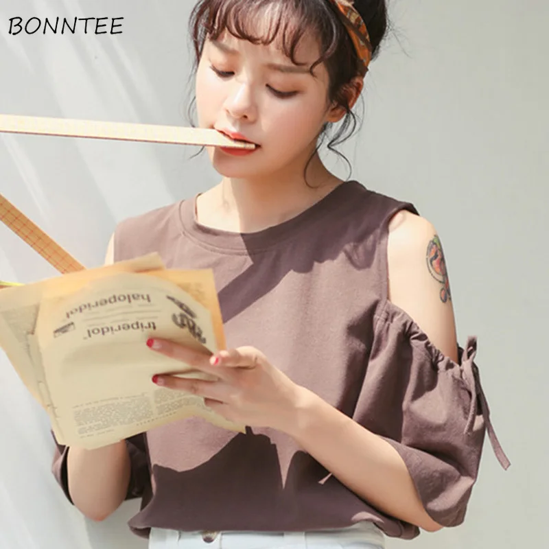 

T-shirts Women Off Shoulder Solid Daily Elegant Short Sleeve Womens Clothing Ulzzang T-shirt Lacing Student Top Simple All-match