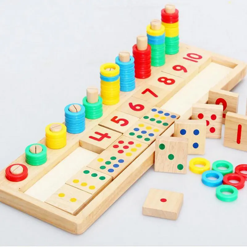 

Montessori Rainbow Rings Dominos Children Preschool Teaching Aids Counting and Stacking Board Wooden Math Toy